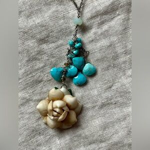 Boho necklace vintage flower w turquoise drops handmade
